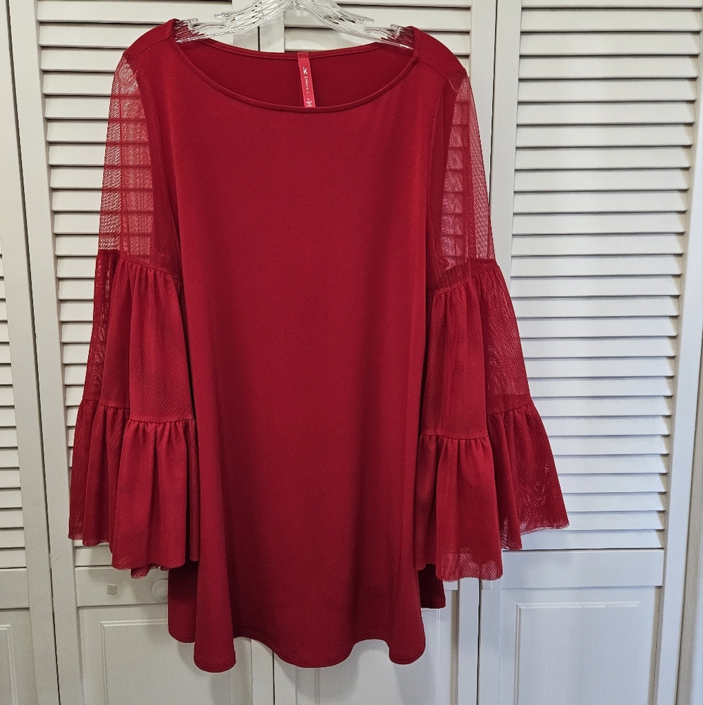 Connie K Red Blouse Lace & Ruffle Sleeve Relaxed Fit Women's Size Large